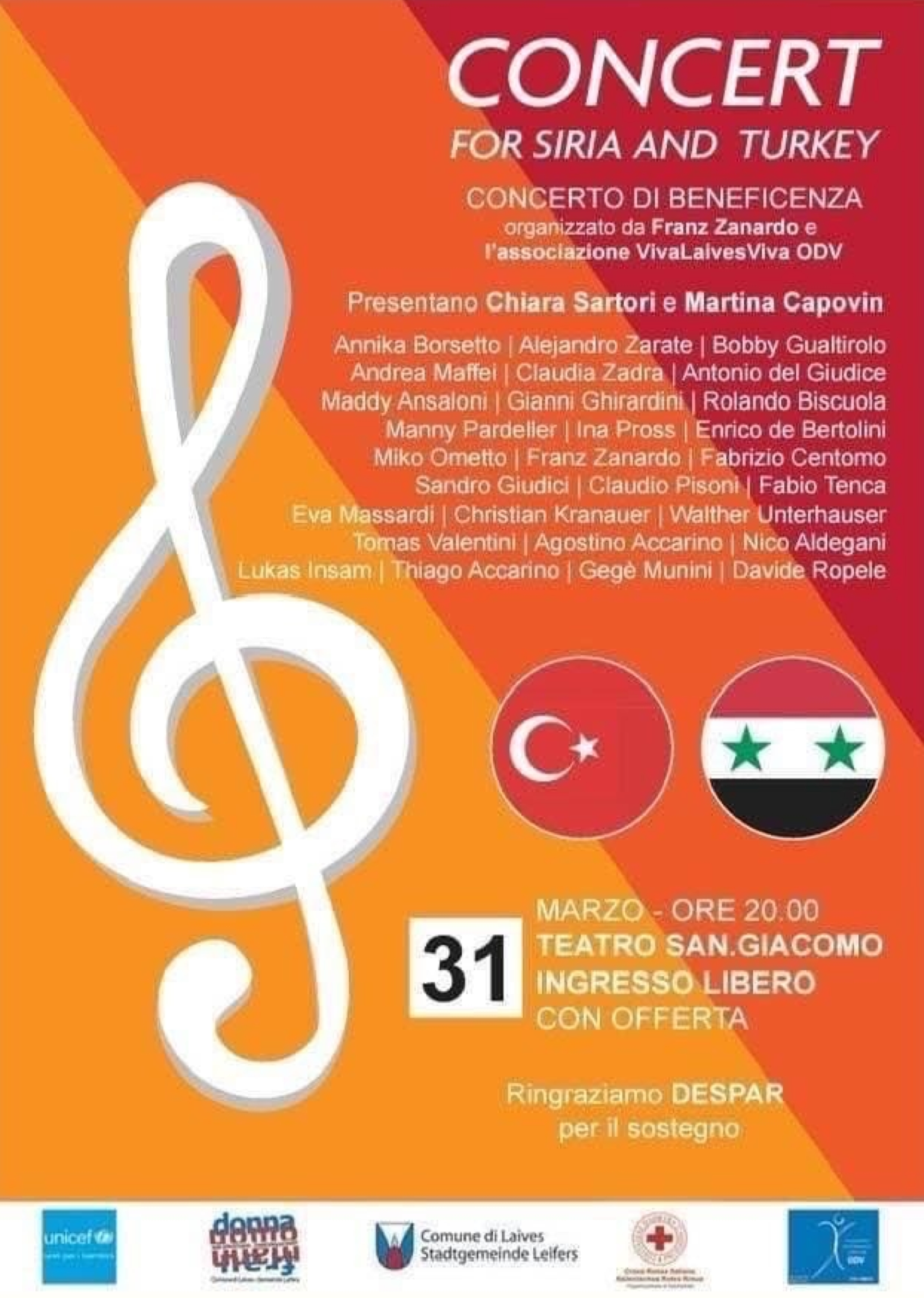 Benefizkonzert für die Opfer in Syrien uund in der Türkei: Heute Abend im neuen Theater von St. Jakob bei Leifers.