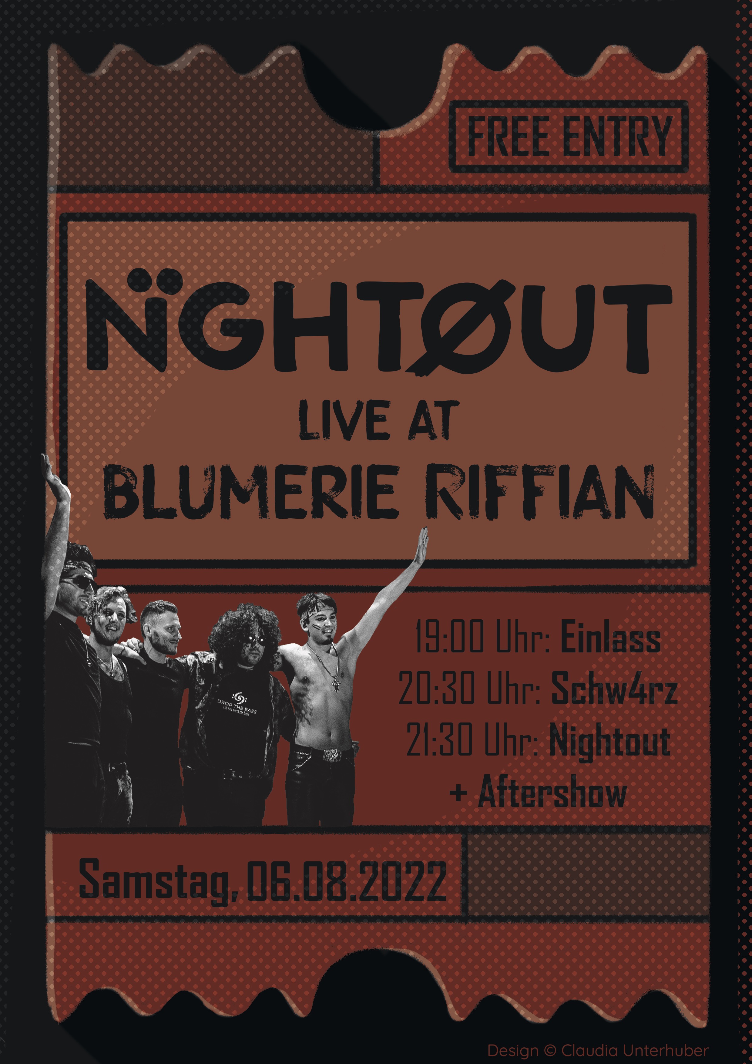 Heute Abend in Riffian: Zwei Live-Bands mit Rock-DJ als Aftershow. Grafik: Claudia Unterhuber