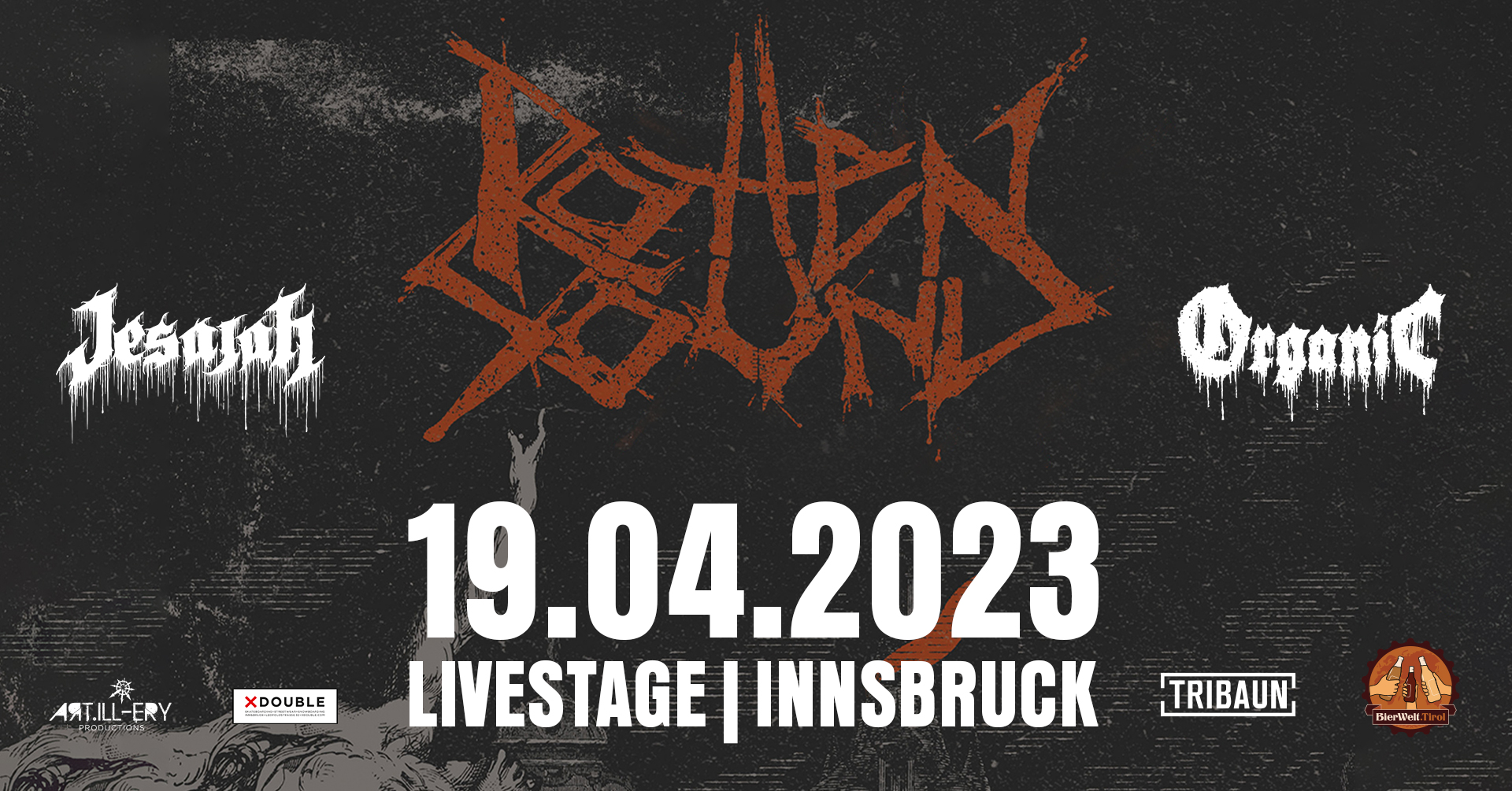 Grindcore, angeschwärzter Death Metal und Old School Death Metal: Rotten Sound (Finnland), Jesaiah (Nordtirol) und Organic (Bruneck) live auf der Bühne der „Live Stage” in Innsbruck.