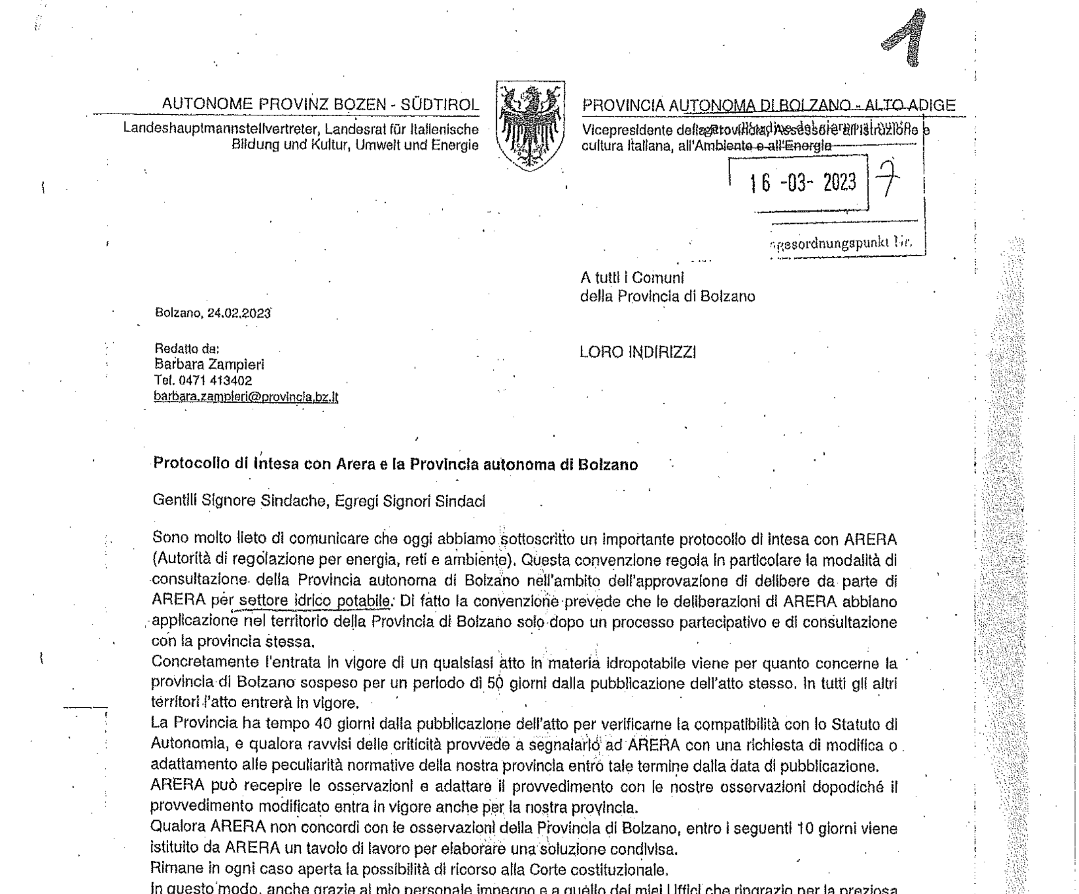 Vettorato, lettera, protocollo ARERA