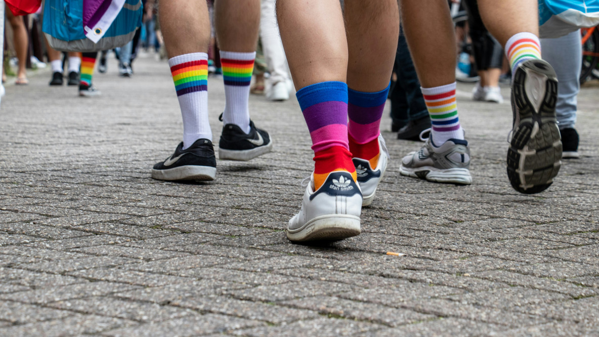 Auschnitt von mehreren Beinen in Turnschuhen und Regenbockensocken, die auf Straße gehen