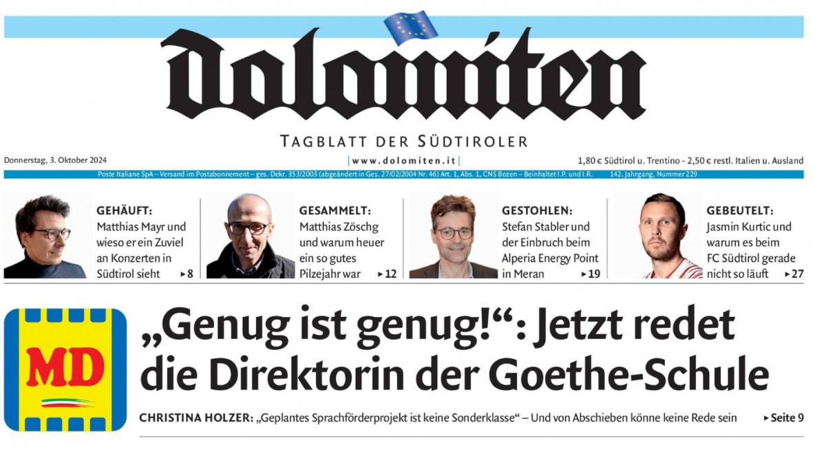 Dolomiten del 3/10/24, prima pagina