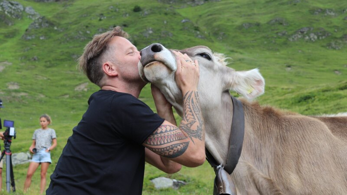 Ein Mann und eine Kuh auf einer grünen Wiese.