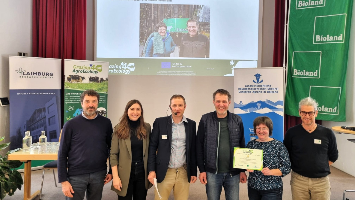 Lisa Fracchetti, Giovanni Perathoner (VZ Laimburg), Martin Unterweger (Bioland Südtirol), Christoph Tasser und Sabine Widmann, Walter Steger (Bioland Südtirol)
