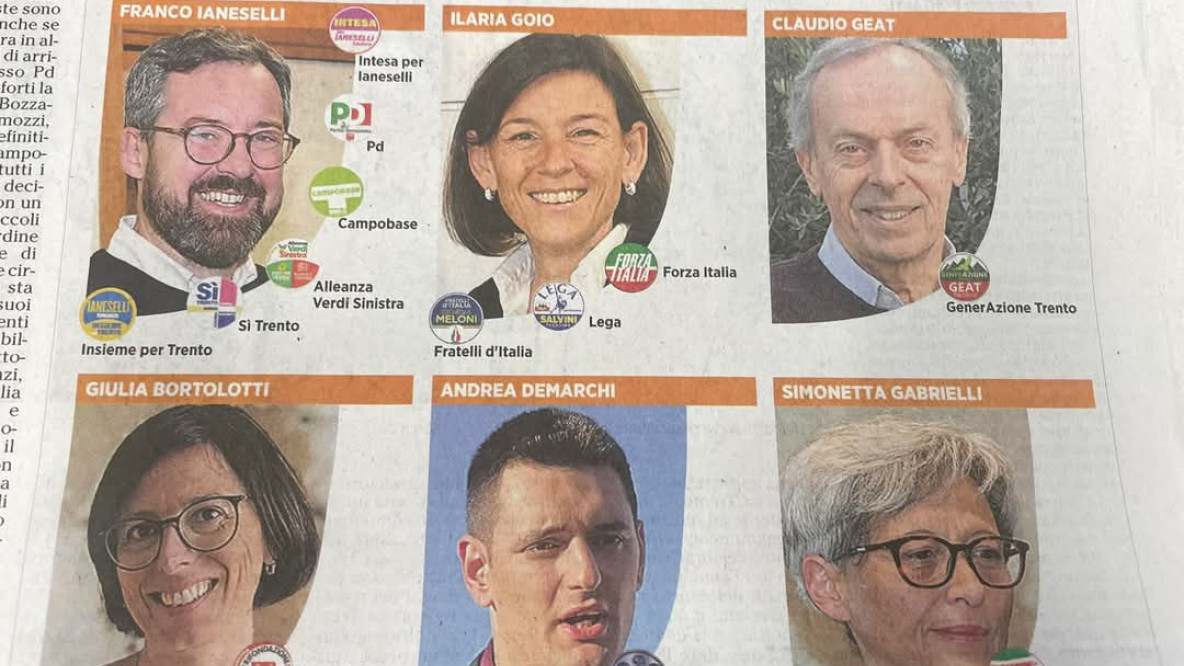 I sei candidati sindaci per le comunali 2025 a Trento: Franco Ianeselli, Ilaria Goio, Andrea Demarchi, Simonetta Gabrielli, Giulia Bortolotti, Claudio Geat