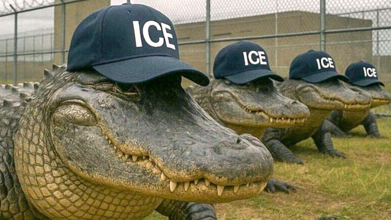 Alligatori con il cappello delle guardie anti-immigrazione USA (immagine generata dall'IA)