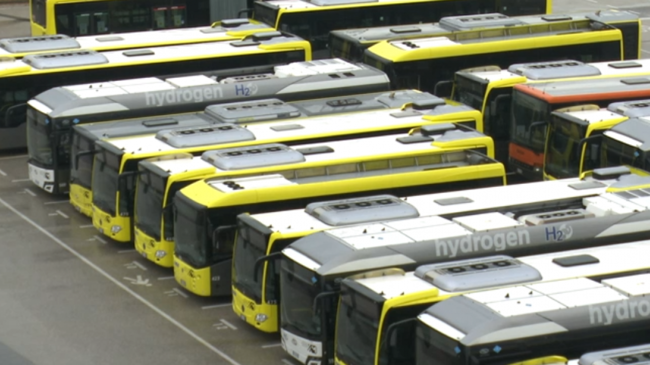 Varie tipologie di bus fra gasolio e idrogeno nel parcheggio del deposito Sasa in via Buozzi a Bolzano.
