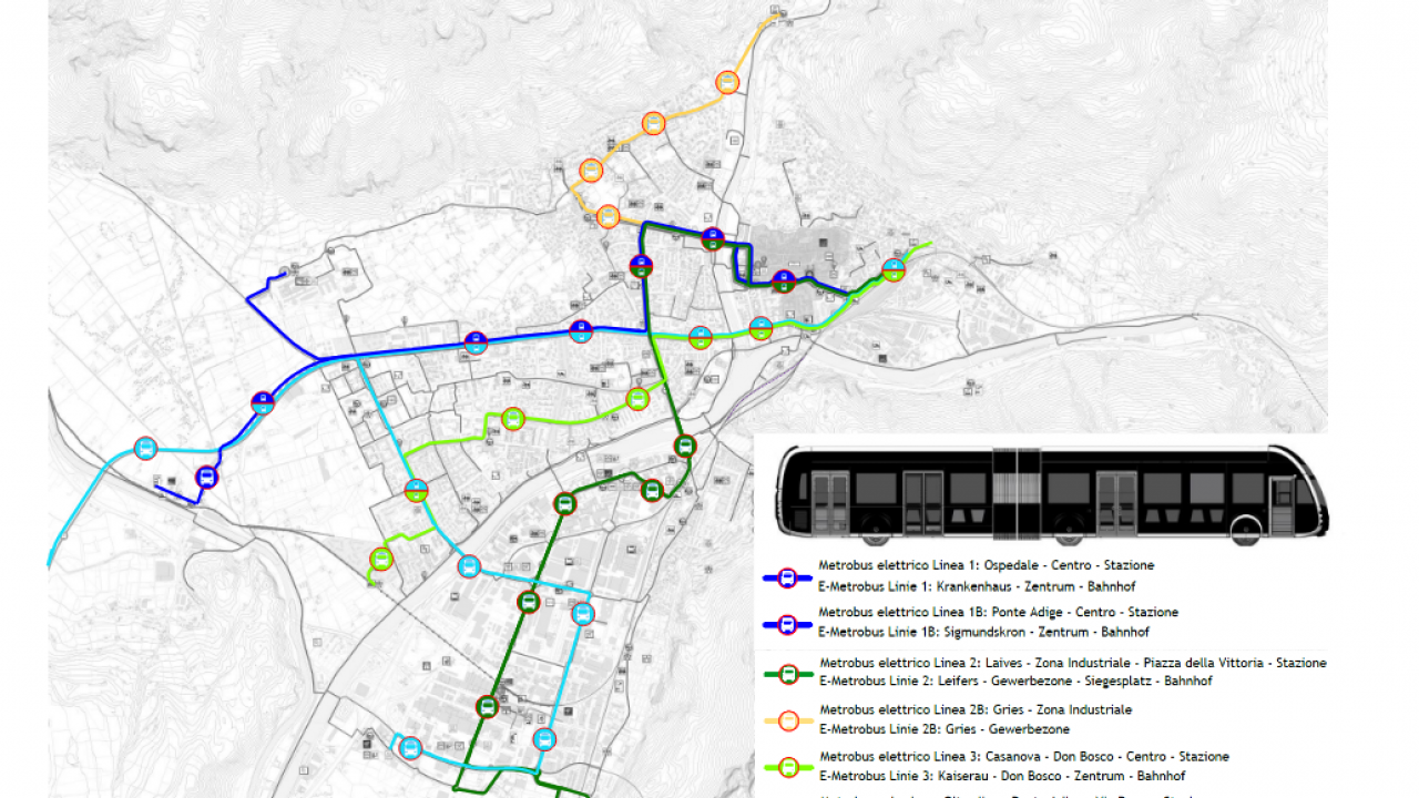 Le varie linee del Metrobus contenute nel PUMS di Bolzano.