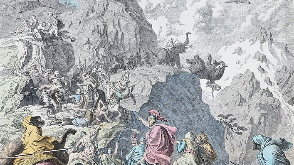 Hannibals Übergang über die Alpen, kolorierter Holzschnitt von Heinrich Leutemann, 1866