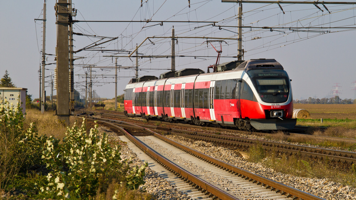 Ein Zug fährt durch eine ländliche Gegend