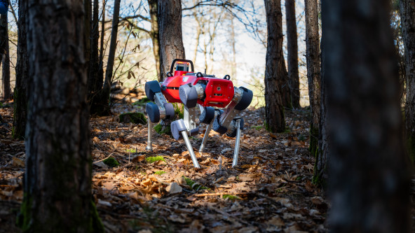 Un robot zoomorfo durante la raccolta dati nella foresta.