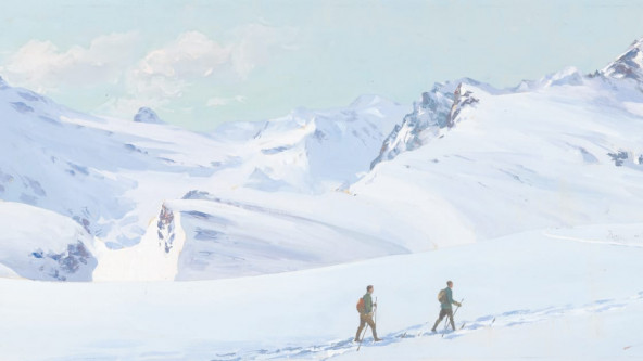 Paesaggio invernale con sciatori, Carlo Pellegrini