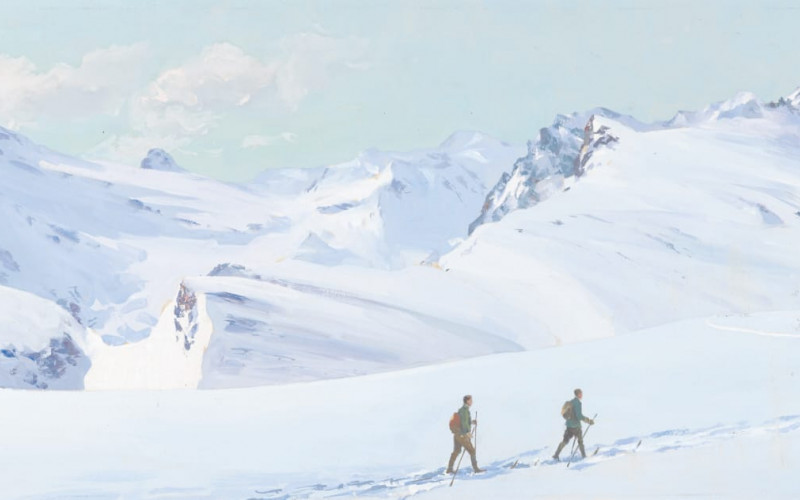 Paesaggio invernale con sciatori, Carlo Pellegrini